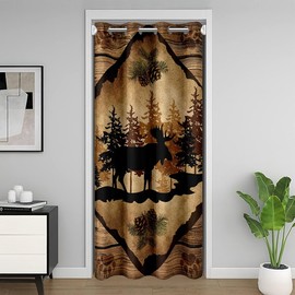 Cortina de puerta de cabina de alce, retro, con rayas de madera, color café, cortina de privacidad para niños, adolescentes, adultos, conos de pino, árboles, estampado de patas de animales salvajes