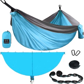 Gold Armour Camping Double Hammock with Mosquito Net Set (Removable) - Double Parachute Hammock USA Based Brand Lightweight Adults Kids, Camping Accessories Gear (Light Blue & Gray)