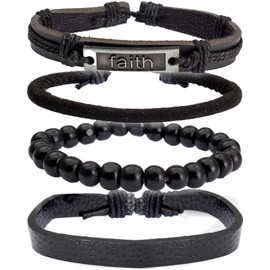 Pulseras para Hombre │ Faith, Cuero y Bolitas Negras │ MB21