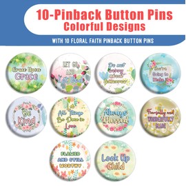 NewEights Floral Faith Buttons (1 Set X 10 Designs) - Large 2.25" VBS Sunday School Easter Baptism Thanksgiving Christmas Rewards Encouragement Gift Token for Boys, Girl, Teens & Adults