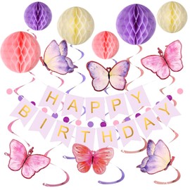 Asheyya Birthday Decorations for Girls Women, Butterflies Hanging Swirl Streamer Party Decorations with Honeycomb Ball