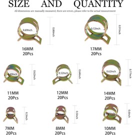 Spring Band Hose Clamps Assortment kit 7 mm - 17 mm Fuel Line Silicone Vacuum Hose Pipe Clamp 7mm 8mm 10mm 11mm 12mm 14mm 16mm 17mm Low Pressure Air Clip Clamp 160Pcs