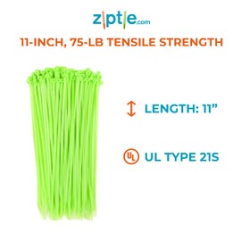 ZipTie.com 11-inch Fluorescent Green Multi-Purpose Cable Tie, 75-lb Tensile Strength, UL Listed, 100-Pack