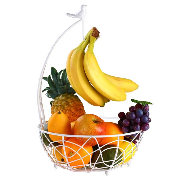Buruis Fruit Basket Bowl with Banana Hanger, Modern Bird Design Fruit Container, Creative Tabletop Fruit Basket for Kitchen Countertop Dining Room, Decorative Display Stand (White)