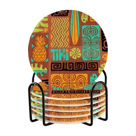 susiyo 6 Pcs Exotic Tiki Pattern Coasters with Holder Absorbent Woven Coasters for Drink for Table Decor