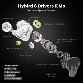 BASN BmasterX in Ear Audio Monitor, Hybrid 6 Drivers IEM Earphones with Crystal Clear Sound, Detachable Cable Plus Carrying Case & Fit Kit for Musician, Stage, Studio (3.5mm/4.4mm Jack, Black/Silver)