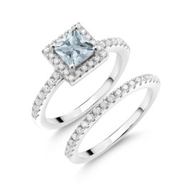 Gem Stone King 1.06 Cttw Princess Sky Blue Aquamarine and White Moissanite Wedding Engagement Band Bridal Set Ring For Women | 925 Sterling Silver | Available In Size 5, 6, 7, 8, 9