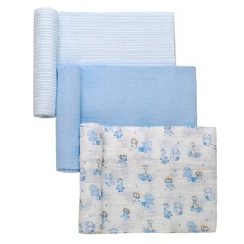 3 Pack Cotton Muslin Swaddle Blankets for Baby, 40" x 36", Lightweight, Breathable, Blue, (Nursery Animals, Giraffe, Lion, Elephant)
