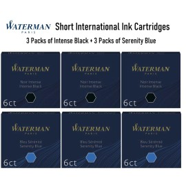 Waterman Fountain Pen Cartridges, Short International, 6 Ct Per Pack, 3 Packs - 3 Intense Black and 3 Serenity Blue