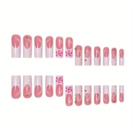 RTKHFZE White French Tip Press on Nails Long Square Fake Nails with Designs Nails 3D Flower Acrylic False Nails Long Full Cover Stick on Nails for Women Manicure
