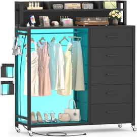 Cyclysio Dresser for Bedroom with Clothes Rack & Shelves, 5 Fabric Drawers Dresser with Charging Station & LED Lights, Chest of Drawers with Lockable Wheels, Storage Shelves, Closet, Entryway (Black)