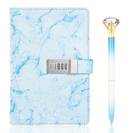 Zonon Diary with Lock Marble PU Leather A5 Journal Combination Lock Secret Personal with Diamond Pen(Blue)