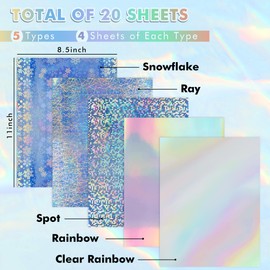 Koala Printable Holographic Vinyl Sticker Paper for Inkjet and Laser Printers, Waterproof 20 Sheets 8.5x11 Inch with Rainbow, Clear, Snowflake, Spot, Ray Designs