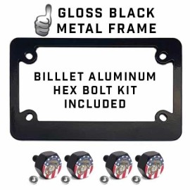 CCP Custom Parts Black Metal License Plate Frame & Hex Tag Bolt Kit - USMC USA FLAG EGA MC