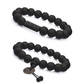 JeryWe 2Pcs 11mm Wood Beaded Bracelet for Men Buddhist Beads Elastic,Style A