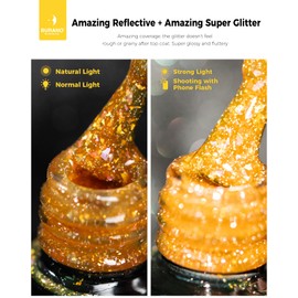 BURANO Holographic Gel Polish, Reflective Glitter Gel Polish 7.3ml UV LED Gold Glitter Gel Nail Polish for Home DIY, Diamond Gel Nail Polish Curing Required (YH2)