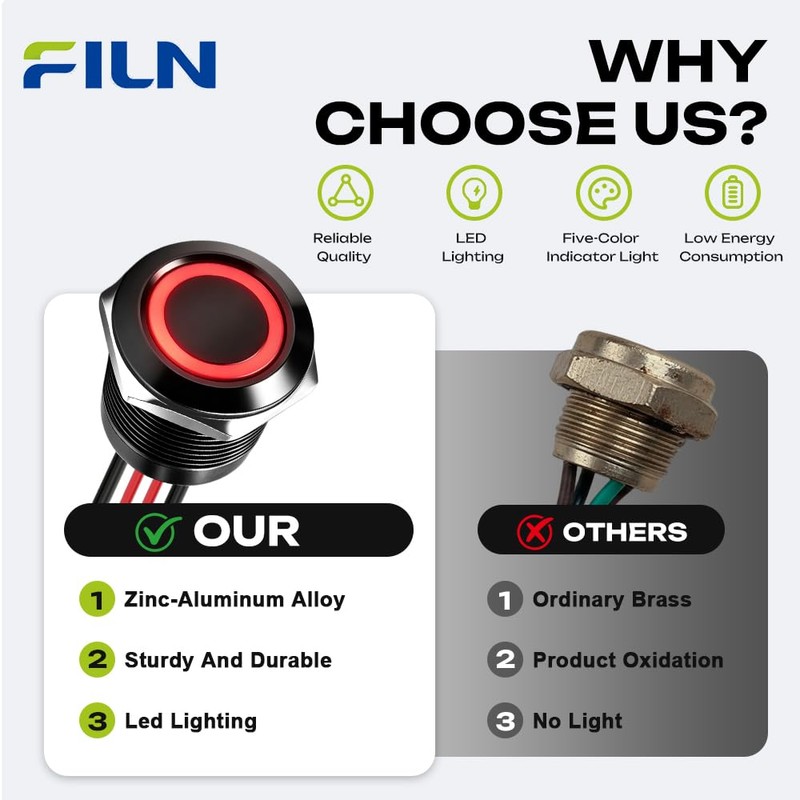 FILN 3Pcs 19mm Latching LED Push Button Switch IP67 20A