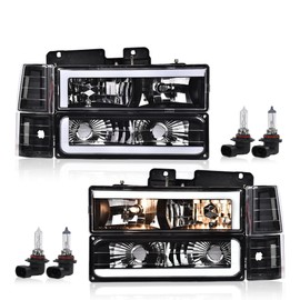 PIT66 Clear Lens Black Housing Clear Reflector Headlight w/bulbs & LED running lights strip Fit GMC C1500 C2500 K1500 K2500 Yukon Suburban 1994-1999/GMC C2500 C3500 K2500 K3500 1994-2000