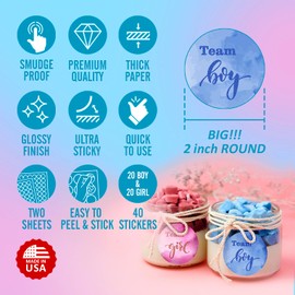 40 Team Girl Team Boy Gender Reveal Stickers, 2 Inch Big Round Glossy Labels, Pink and Blue Decals, Great for Gender Reveal Party Favors, Tags, Games and Supplies. Made in USA