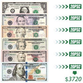 120 Sheets Prop Money, Play Money Dollar Notes Original Size, Copy Money, Play Money for Children Shop, Cash Film Play Toy Set (20 x 1$, 10$, 20$, 50$, 100$)