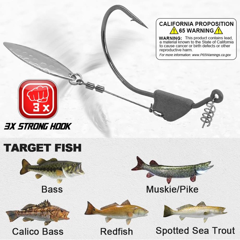 XFISHMAN Underspin-Jig-Heads-Swimbait-Hooks-with-Spinner Blades Weighted Fishing Hooks 6 Pack (Silver, Size