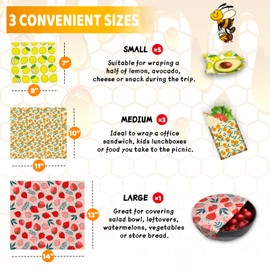 PICcircuit Reusable Beeswax Wrap - 9 Pack Beeswax Wraps For Food, Organic, Sustainable, Biodegradable, Zero Waste, Plastic-Free Food Storage, 1L Strawberry, 3M Orange, 5S Lemon Patterns