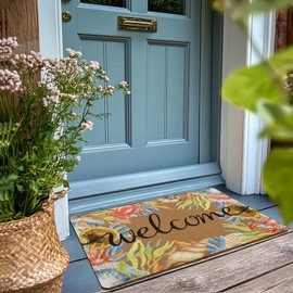 XLDLIOO Beach Coastal Welcome Door Mat, Summer Doormat, Ocean Welcome Front Door Mat Indoor Outdoor Entrance, Beachy Seashell Artificial Coir Doormats Rugs for Patio Entry Home Decor, 30x17in