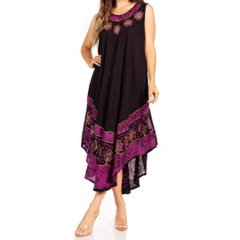 Sakkas A900 Batik Flower Caftan Tank Dress/Cover Up - Black/Purple - One Size