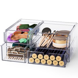 Noverlife Acrylic Hair Accessories Organizer with 4 Drawers, Clear Storage Drawers for Organizing Hair Ties/Jewelry/Sunglass, Stylish Make up Organizer Display & Office Bathroom Desktop Storage Case | Noverlife