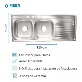 CNX Tarja Doble Cocina Para Empotrar Con Escurridero 120 X 50 Cm