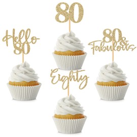 48 piezas de adornos para cupcakes de 80 cumpleaños, decoración de cupcakes, 80 fabulosas 80 púas de magdalenas para feliz cumpleaños 80, boda, aniversario, fiesta, decoración de pasteles, color champaña dorado
