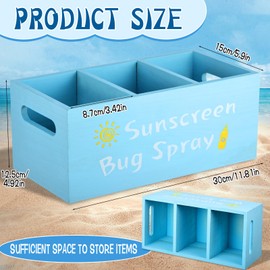 HFYZZ Sunscreen Bug Spray Storage Basket, Wooden Summer Poolside Storage Box with Three Compartments Toilet Tank Tray for Indoor Outdoor Swimming Pool Beach Sunblock Sunglasses Storage, Blue