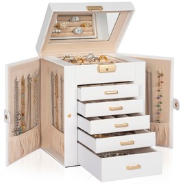 AKOZLIN 6-Tier Jewelry Box Lockable Leather Jewelry Storage Case with 5 Drawers for Women Girls Ring Necklace Earring Bracelet Holder Organizer with Mirror