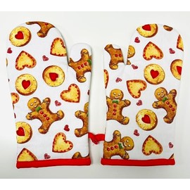 Gingerbread Oven Gloves, Mitts Pair, White with Red Trim