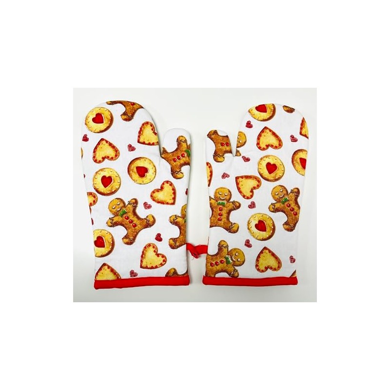 Gingerbread Oven Gloves, Mitts Pair, White with Red Trim