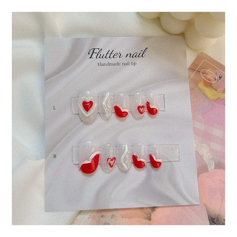 Red heart chunk handmade nail tip ❤ - Short Oval