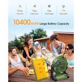 Solar Powered Fan, Camping Fan with LED Lantern 10400mAh, 7W 9-Inch Outdoor Battery Operated Fans with Solar Panel, Stepless Speed and Quiet Battery Powered Tent Fans for Camping Essentials Gear
