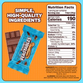 Feastables MrBeast Peanut Butter Milk Chocolate Chocolate Bar, Full Size Candy Bar for Adults & Kids, Candy Bars for Snacks, Gifts, & Dessert, Sweet & Creamy Fairtrade Cocoa, 1.24 Oz Each, 24 Count