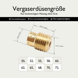 HISports Main Nozzle Set 50 to 72 with Cleaning Brush Carburettor Nozzle Set 50-72 (50, 52, 55, 58, 60, 62, 65, 68, 70, 72) Compatible with 7 x 0.75 Kawasaki FCR Carburettor WH100T SCR 100 cc Peugeot