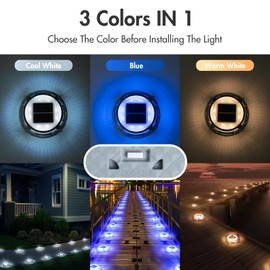 Quntis Solar Deck Lights Outdoor 12 Pack, 3 Color Modes Solar Driveway Lights IP68 Waterproof, Deck Light for Stair Pathway Pool Walkway Road (Blue/Cool White/Warm White)