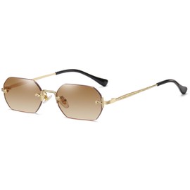 RUNHUIS Retro Rimless Rectangular Sunglasses for Women Men Vintage Hexagon Tinted Lenses, Gold/yellow brown gradient