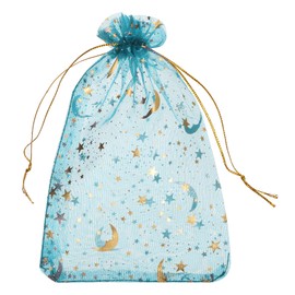 sourcing map Organza Bag 4" x 6", Sheer Moon Star Mesh Bags Drawstring Gift Bags Bulk Party Favor Bag Jewelry Pouches for Wedding Candy Valentines (Lake Blue-Gold, Pack of 50)