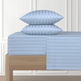 AHJ Beddings Damask Stripe Olympic Queen Size 6 Piece Sheet Set 18-24 Inches Deep Pocket - 1000 Thread Count 100% Egyptian Cotton 6 PC Extra Deep Pocket Luxury Bed Sheets - Light Blue