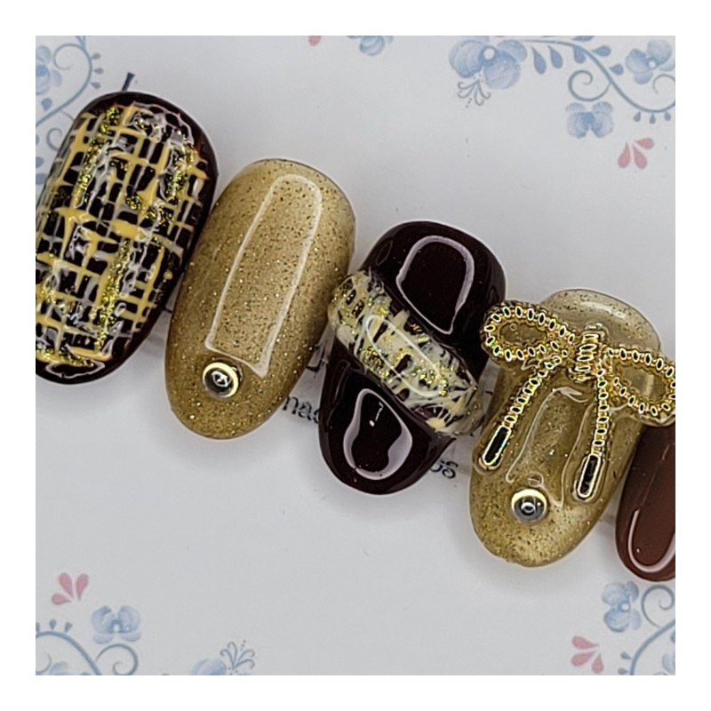 Gold Tweed Handmade Nail Tips - Oval L / 골드
