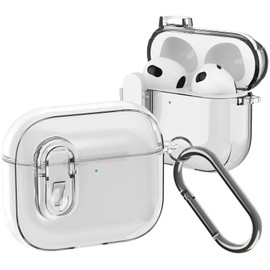 Ysnzaq Compatible with AirPods 4 2024 Transparent Case, Transparent Case with Carabiner Shockproof LED Visible Wireless Charging Cover for AirPods 4th Generation. BJ Clear
