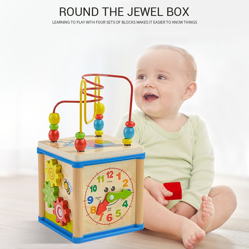Early Educational Wooden Bead Maze Shape Sorter Activity Cube Gifts