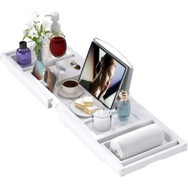 Bathtub Tray Caddy, Expandable Bath Trays for Tub, Bamboo Shelf & Table with Wine Glass Holder,Bathroom Accessories for New Home & Mothers Day & Birthday Gifts for Mom,White
