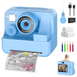 Instant Camera Children with Selfie 1080p Children's Camera Instant Camera with 32 GB Card & 3 Rolls of Printing Paper, Children's Camera, Children's Toy Gifts for Boys & Girls from 3-12 Years