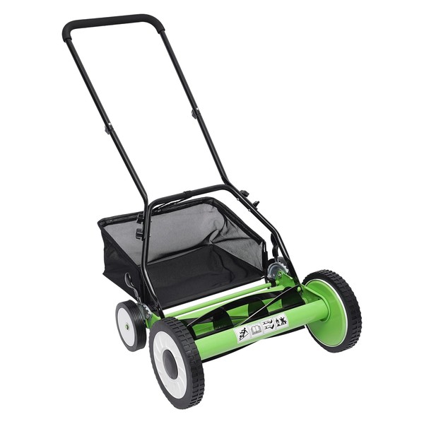 16-Inch 5-Blade Cordless Manual Reel Lawn Mower, Adjustable Cutting/Handle Height