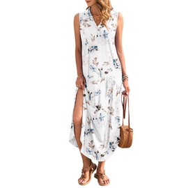 WNEEDU Summer Dresses for Women 2025 Maxi Dresses Casual Collared V-Neck Sleeveless Sundresses Split Beach Long Dress Travel Vacation Outfits,Floral White L